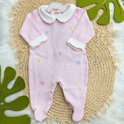  Macacão Tricotil (Tricot 100% Algodão) com Gola e Bordado - Rosa Bebê Borboletas